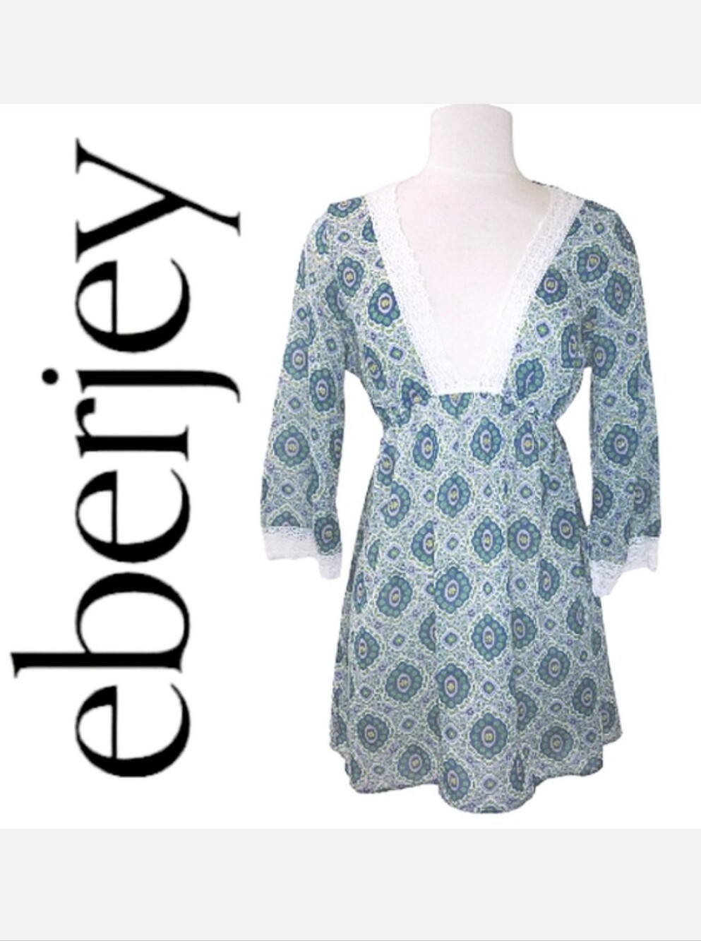 Eberjey Empire Waist Swim Cover-up Blue/Green Floral Print 100% Cotton Sz Med